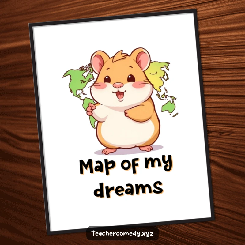 Funny Hamster Digital Art: A playful hamster points to a world map, an adventurous illustration ready for instant download and printing.