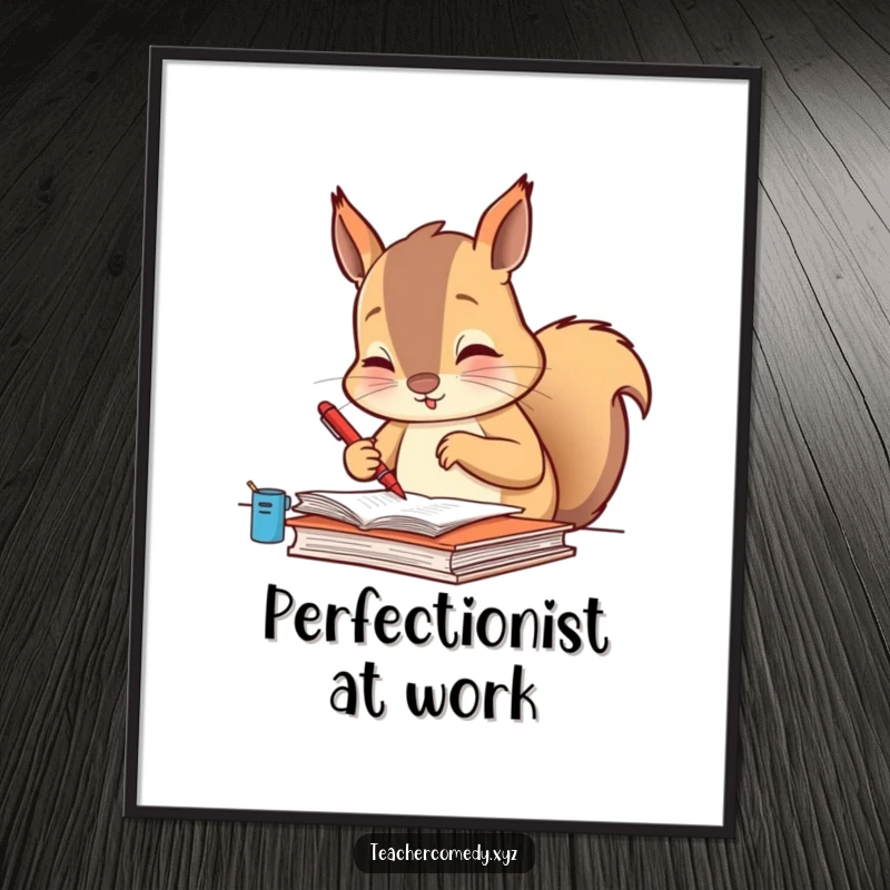 Funny digital art print of a diligent squirrel meticulously grading papers with a tiny red pen, great for humorous decor.
