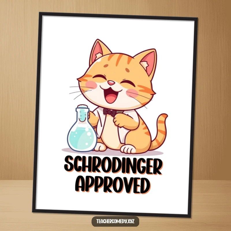 Funny digital art print of a giggling cat demonstrating a science experiment with a bubbling beaker, perfect for printable wall decor and science themes.