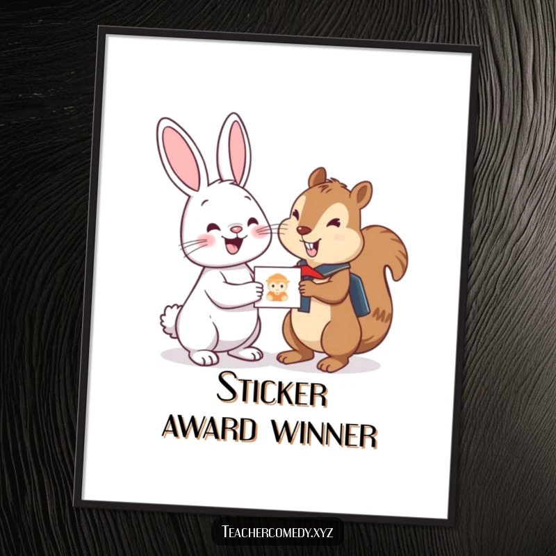 Funny digital art print of a cheerful bunny giving a sticker to an eager student squirrel, perfect for printable wall decor and educational spaces.