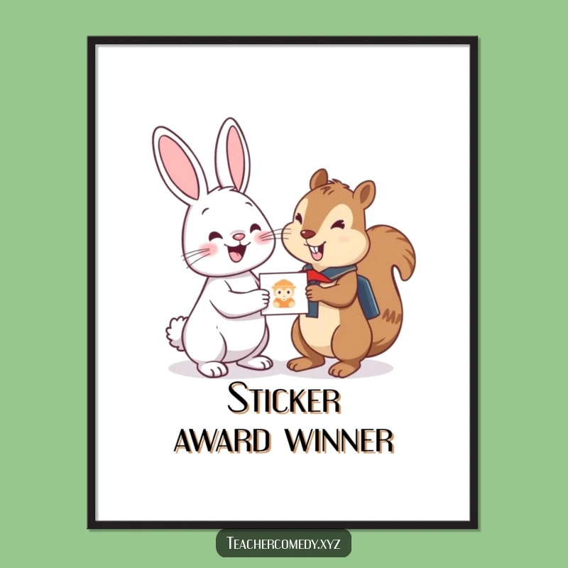 Funny Bunny Sticker Digital Art: Cheerful Bunny Rewards Student Squirrel, Printable Cute Wall Decor