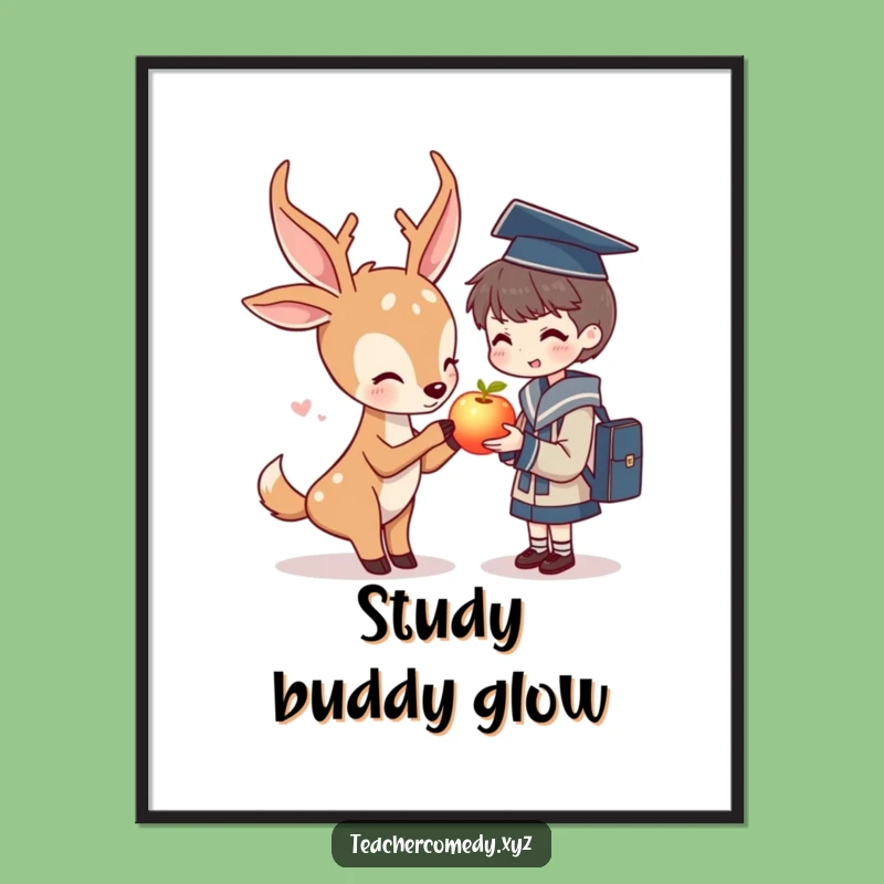 Funny Deer & Student Digital Art: Glowing Apple, Wisdom's Vibrant Gift.