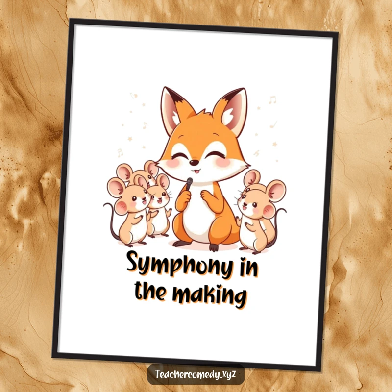 Funny digital art print of a clever fox passionately conducting a whimsical choir of happy, singing mice, ready for download.