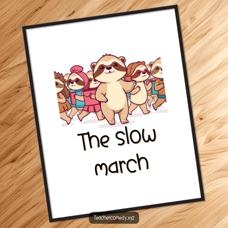 Funny Sloth Digital Art: A serene sloth leads a class in a slow march, a motivational illustration ready for instant download and printing.