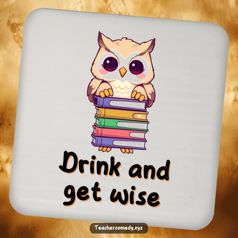 Funny drink coaster depicting a wise owl character holding a stack of books and peering over the top.