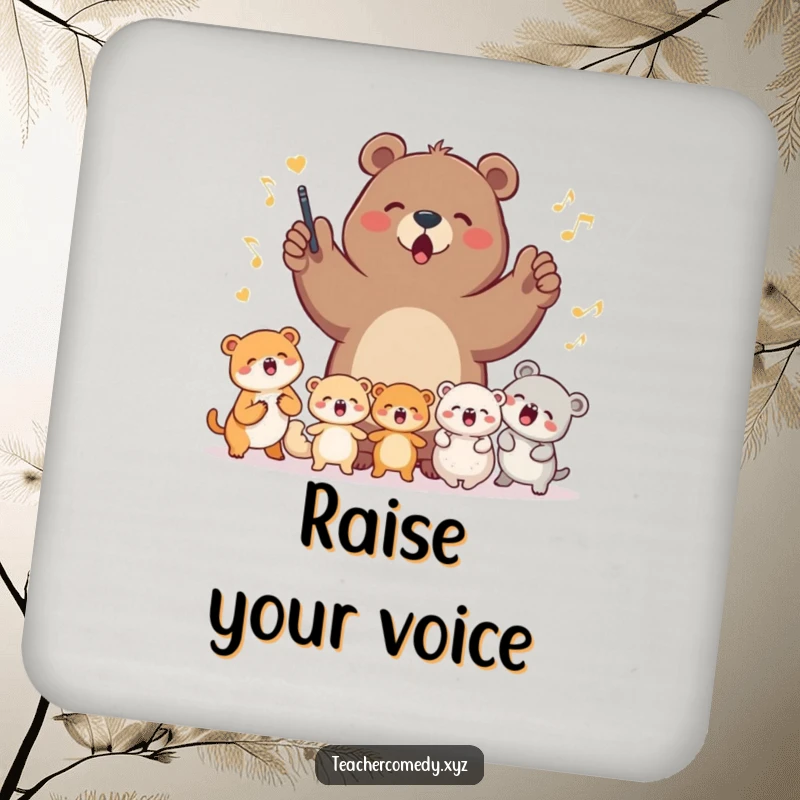 Funny bear leading small animals in song on a decorative and protective drink coaster, adding a musical touch to any table.