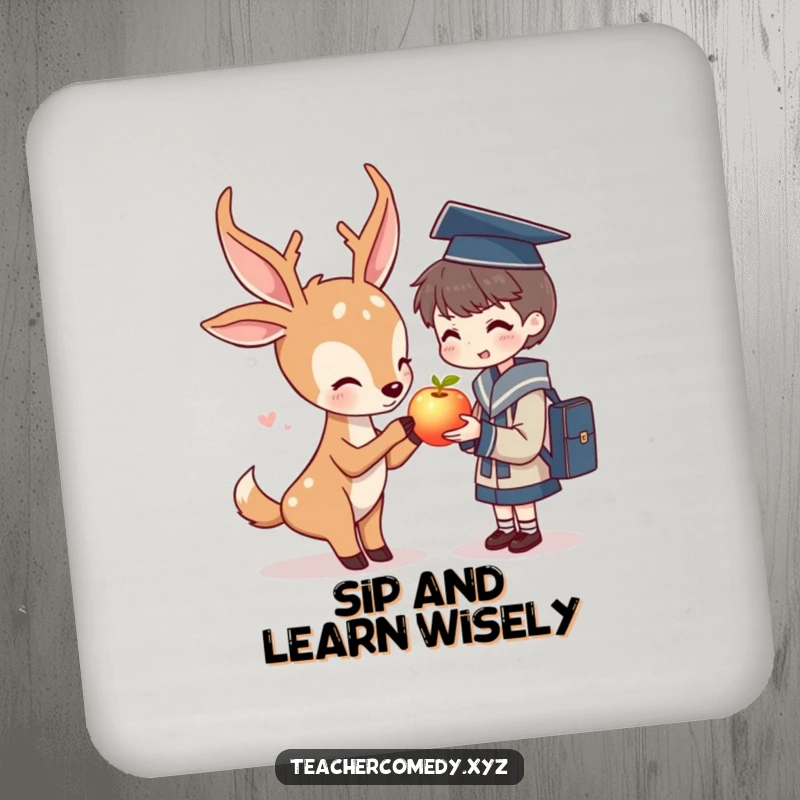 Funny drink coaster featuring a deer offering a glowing apple to a student, adding a touch of wisdom to surfaces.