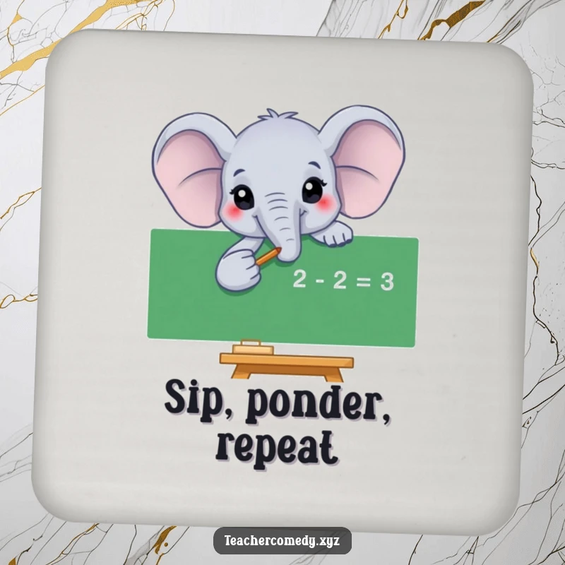 Funny elephant coaster with a smiling elephant pointing to a math equation, adding a humorous and intellectual flair to tabletops.