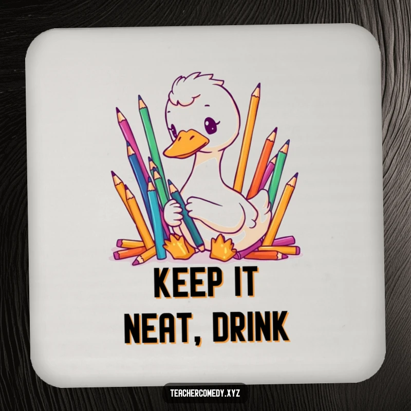 Funny coasters with a focused goose meticulously organizing colorful pencils, adding humorous order to surfaces.