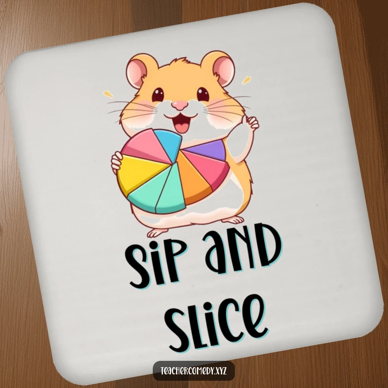 Funny hamster character enthusiastically presenting a colorful pie chart, stylish funny coasters.