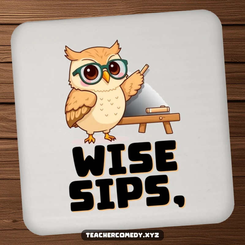 Funny kawaii owl wearing spectacles pointing to a chalkboard, a set of humorous drink coasters for stylish table protection.