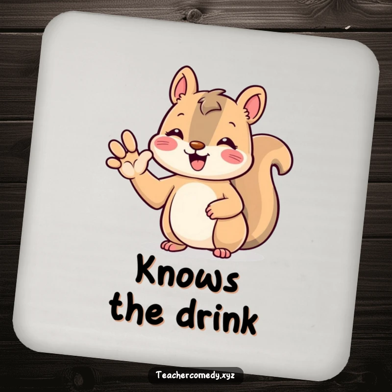 Funny kawaii squirrel coaster, cute and beaming, raising its paw to answer, protecting surfaces with charm.