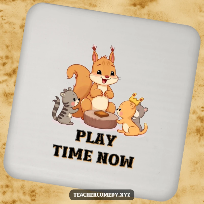 Funny squirrel coaster with a cheerful squirrel teaching younger animals a game, adding playful and humorous flair to tabletops.
