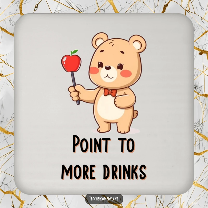 Funny bear character drink coasters, showing a bear pointing at an apple, protecting surfaces with wit.