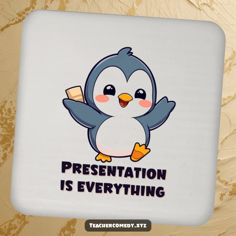 Funny Kawaii Penguin Coaster: A delighted penguin presents a project with a flourish, protecting your surfaces with funny, cute style.