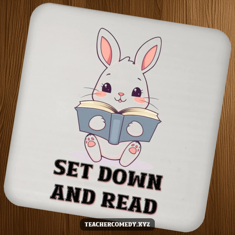 Funny kawaii rabbit holding a stack of open books, adding literary charm and humor to protect surfaces, a cute coaster.