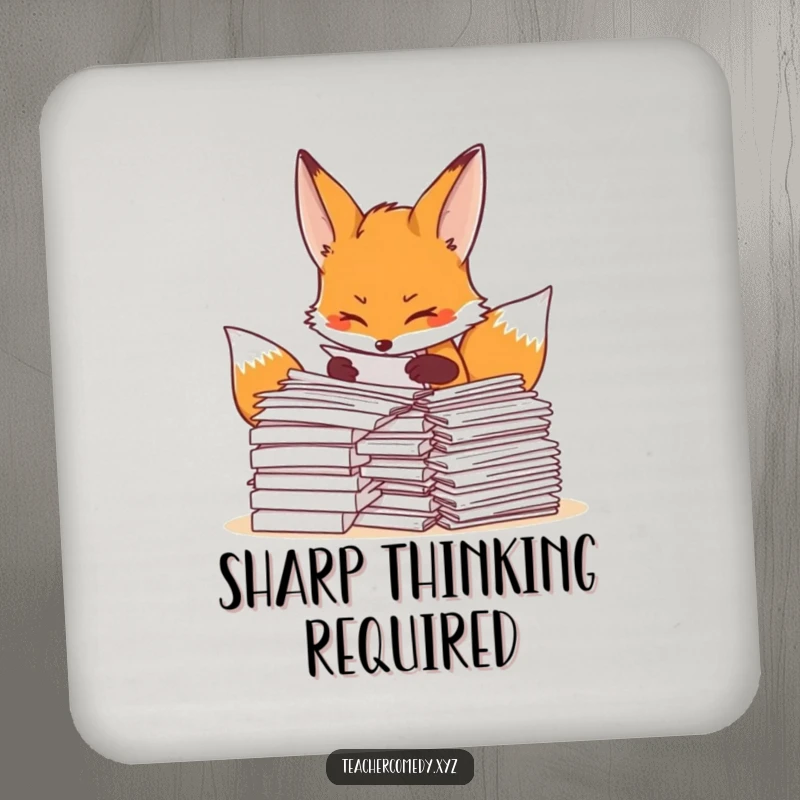 Funny fox coaster with a determined fox organizing papers, adding professional and humorous flair to tabletops.