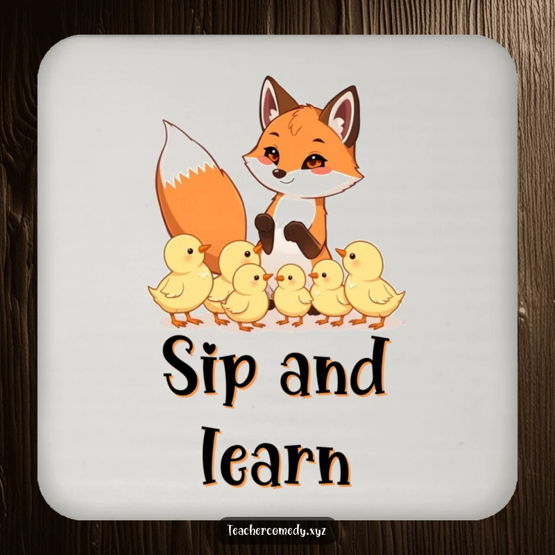 Funny drink coasters featuring a playful fox teaching eager chicks, protecting furniture with humorous and educational animal art.