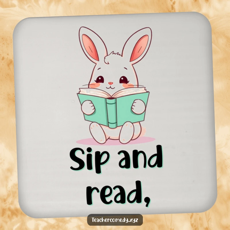 Funny kawaii rabbit holding a stack of open books, a set of humorous drink coasters for stylish table protection.