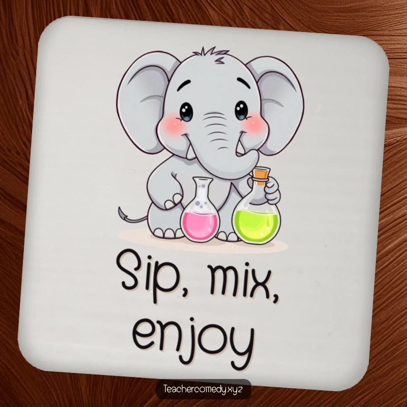 Funny drink coaster depicting a smiling elephant character in a lab coat, performing a science experiment with a flask.