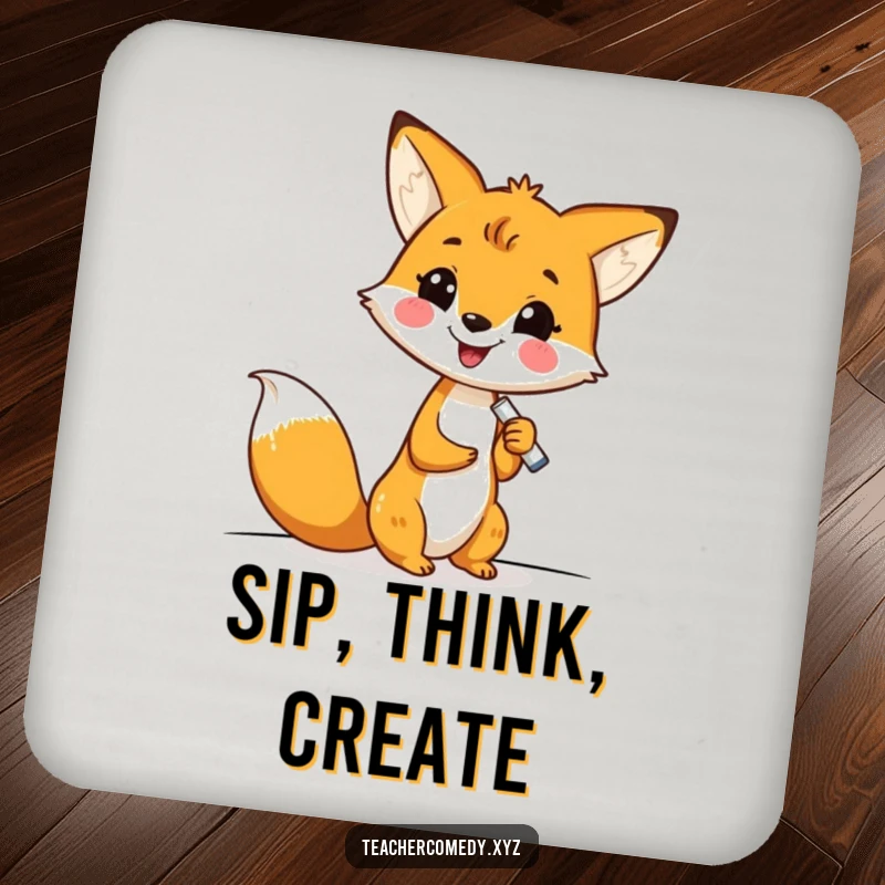 Funny kawaii fox writing on a whiteboard with chalk, adding a touch of educational humor to protect surfaces, a cute coaster.