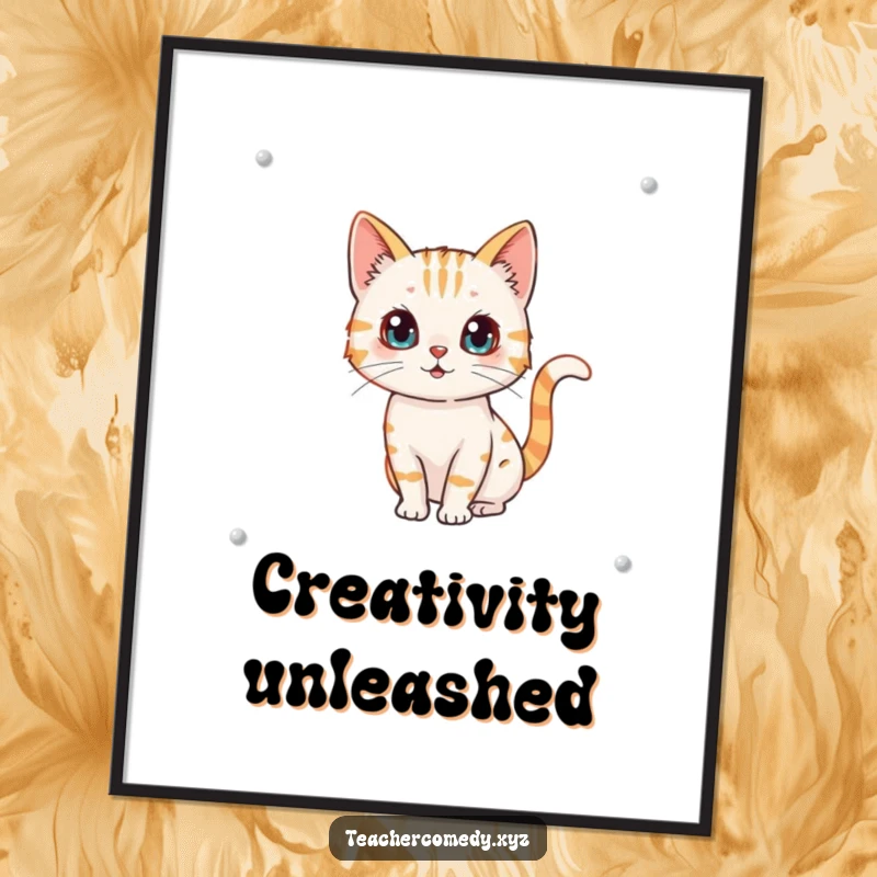 Funny poster art of a curious cat character drawing on a whiteboard, its tail wagging with joy.