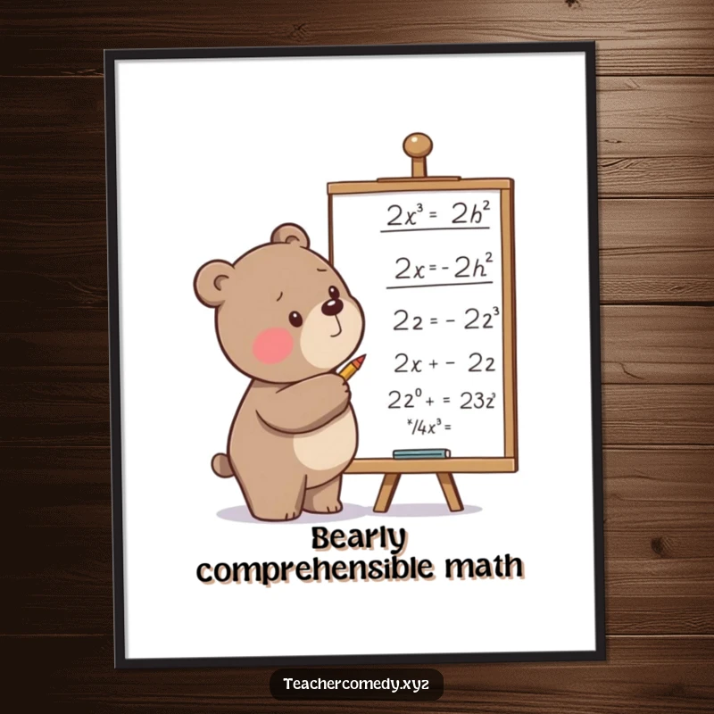 Funny poster of a determined bear intensely writing equations on a whiteboard, creating a humorous and motivational educational scene.