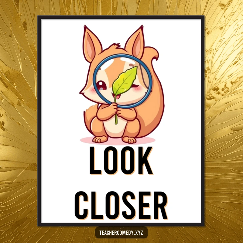 Funny poster showing a curious squirrel excitedly examining a magnified leaf, symbolizing a passion for nature and detailed observation.