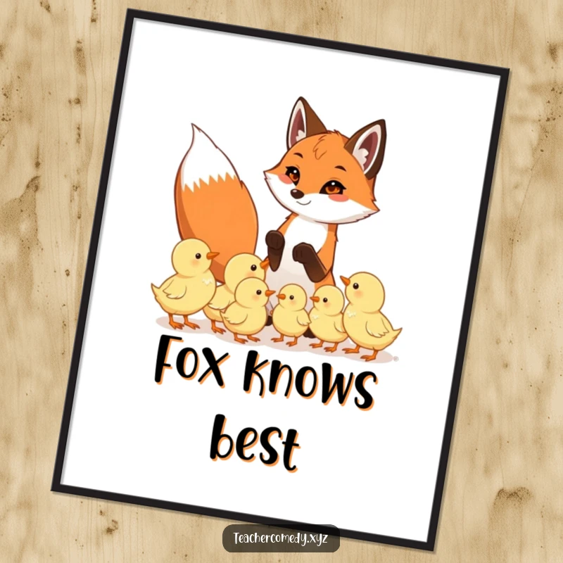 Funny poster of a playful fox teaching a group of attentive chicks, illustrating a humorous and heartwarming lesson in nature.