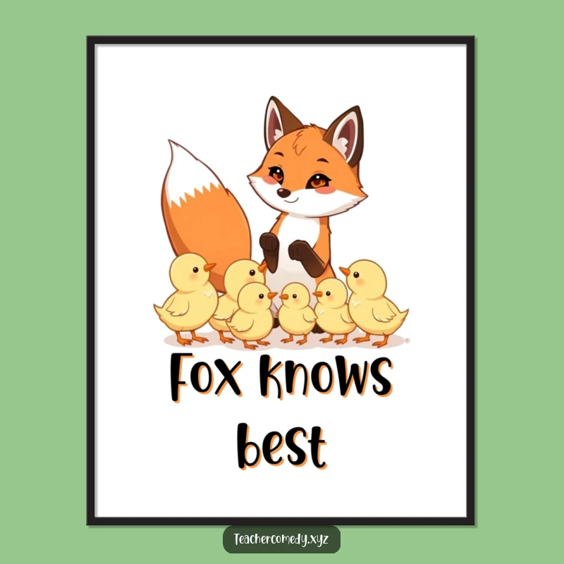 Funny Fox & Chicks Poster: Playful Teacher Fox, Eager Chicks, Humorous Wall Art Gift