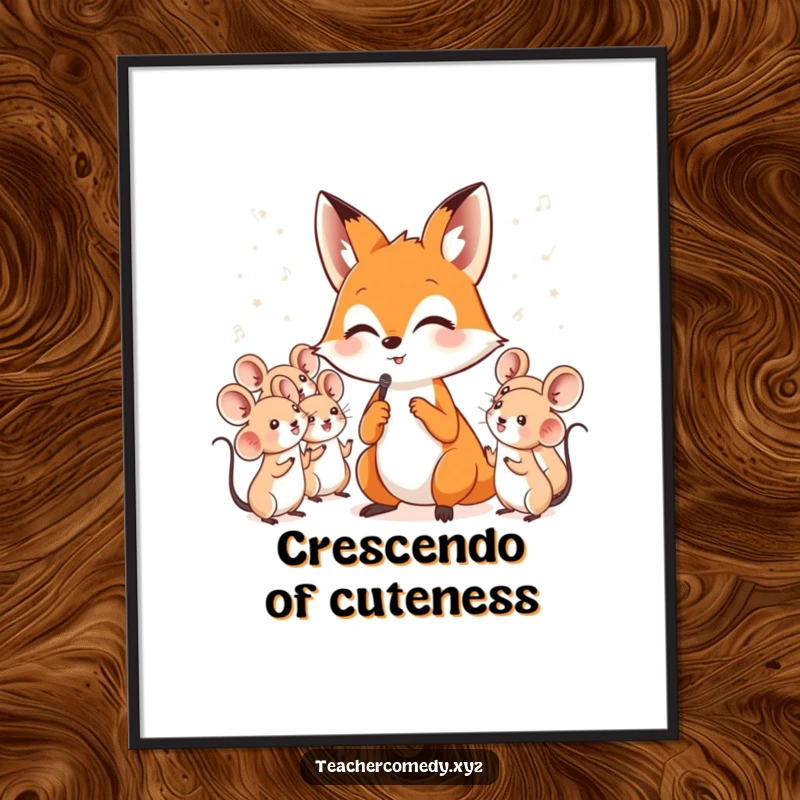 Funny poster illustrating a clever fox with a baton, conducting an enthusiastic choir of small, melodic singing mice.