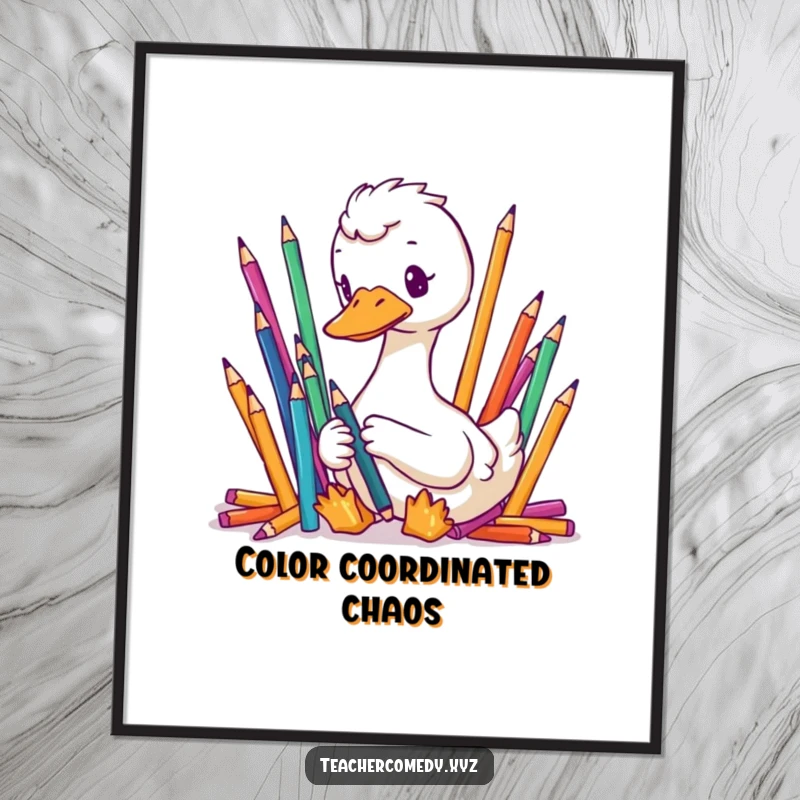 Funny poster depicting a focused goose meticulously organizing colorful pencils, a humorous piece celebrating order and precision.