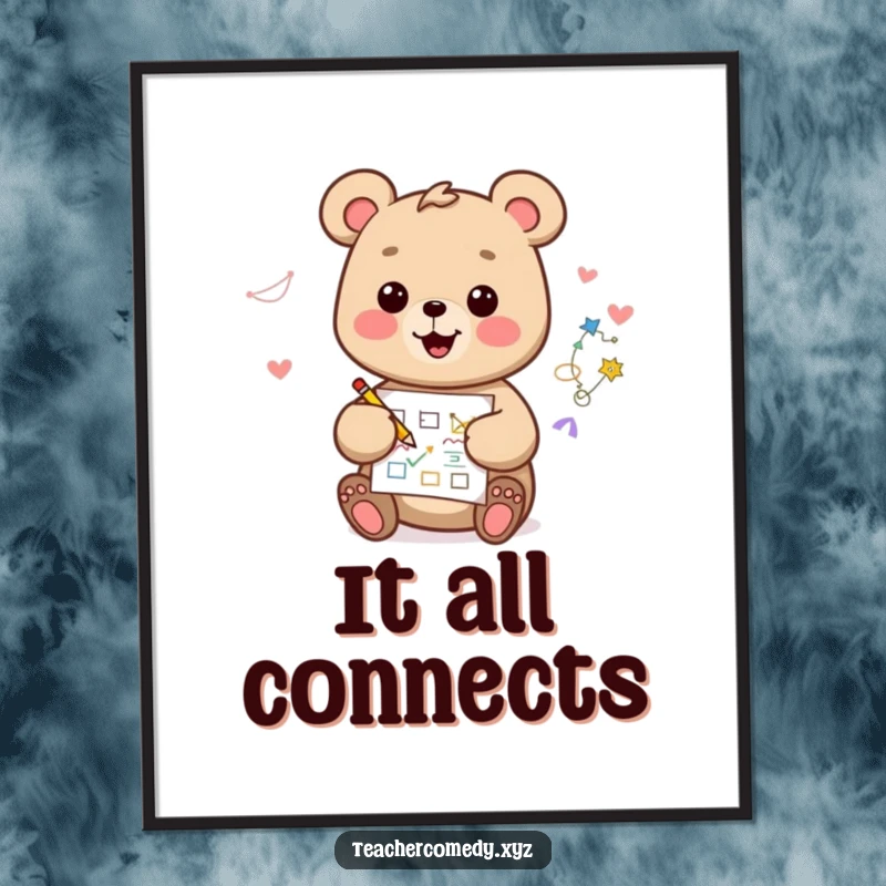 Funny kawaii bear poster, happy and creative, drawing a colorful diagram, ideal for inspiring artists and creative spaces.
