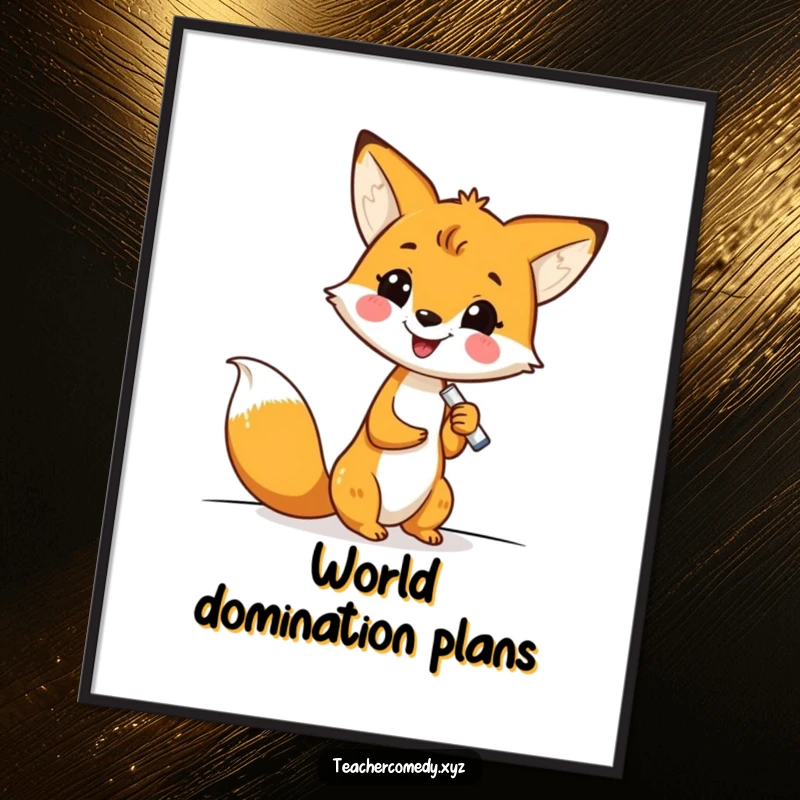 Funny kawaii fox artistically writing on a whiteboard with chalk, bringing a smile and educational flair to any room, a perfect poster.