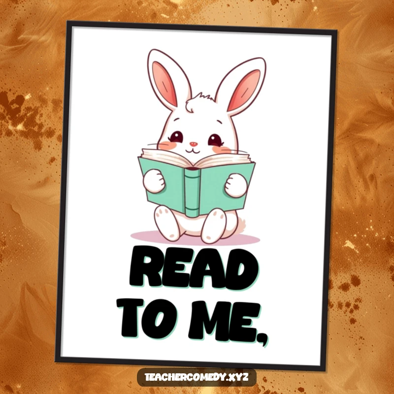 Funny kawaii rabbit holding a stack of open books, whimsical and humorous wall art for book lovers and reading spaces.