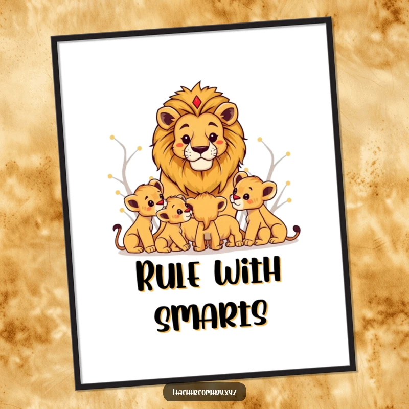 Funny lion king poster showing a regal lion sharing knowledge with attentive cubs, bringing majestic and humorous inspiration to decor.