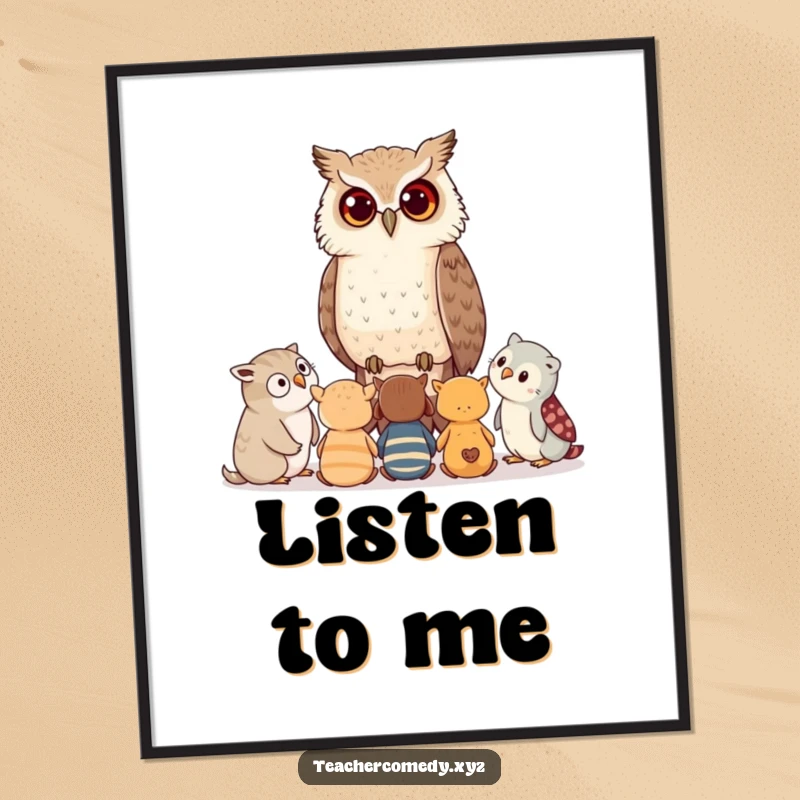 Funny poster illustrating a wise owl whispering advice to a group of attentive young forest creatures, celebrating mentorship.