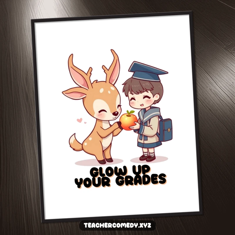 Funny poster art: a deer character kindly gives a luminous apple to a student, symbolizing mentorship and educational inspiration.
