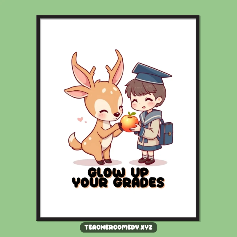 Funny Deer & Student Poster: Glowing Apple, Wisdom's Artful Gift.