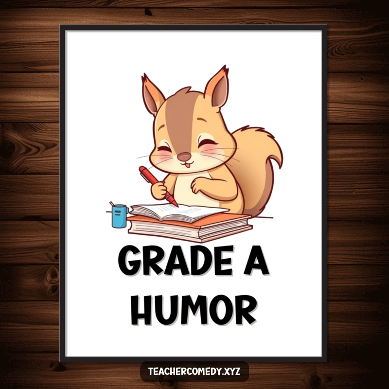 Funny poster showcasing a diligent squirrel meticulously grading papers with a tiny red pen, adding humorous academic art.