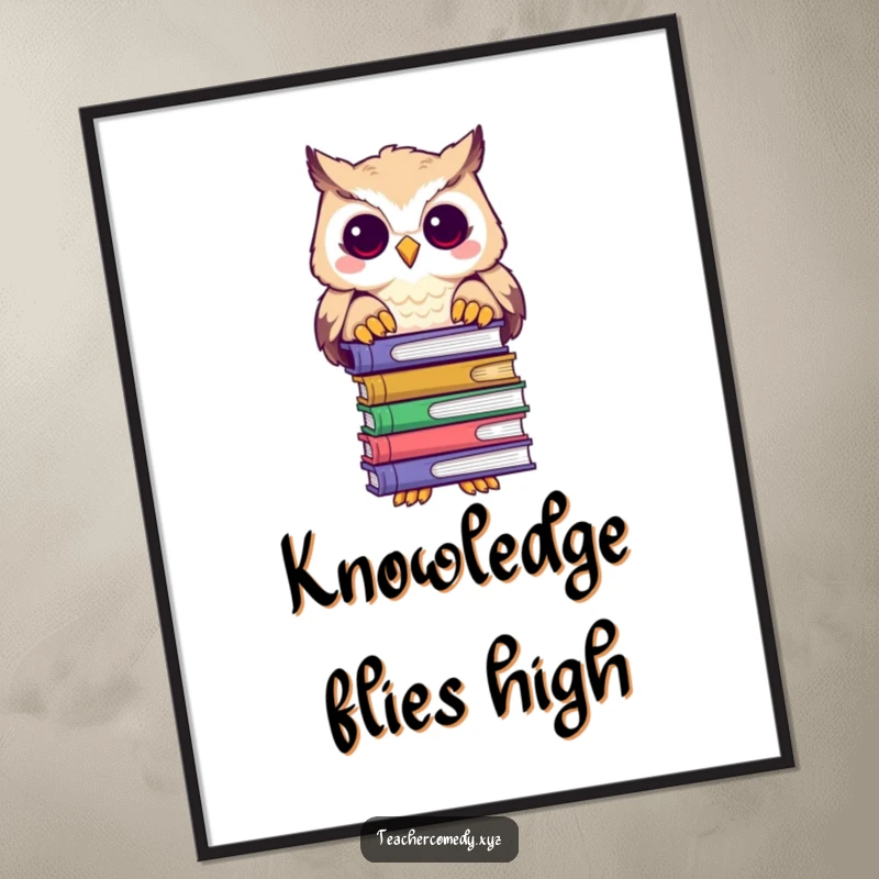 Funny poster art of a wise owl holding a stack of books and peering over them, exuding intelligence.