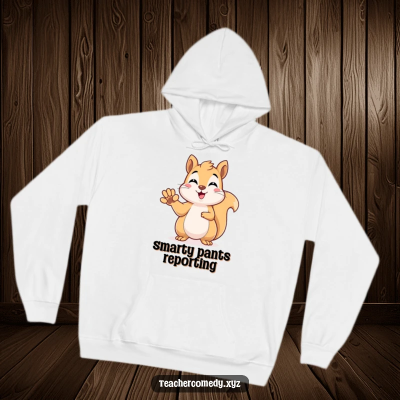 Funny kawaii squirrel eager to answer, paw raised high, radiating intelligence and warmth, perfect for a cozy hoodie.