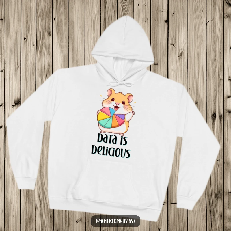 Funny hamster character enthusiastically showing a colorful pie chart, cozy funny hoodie.