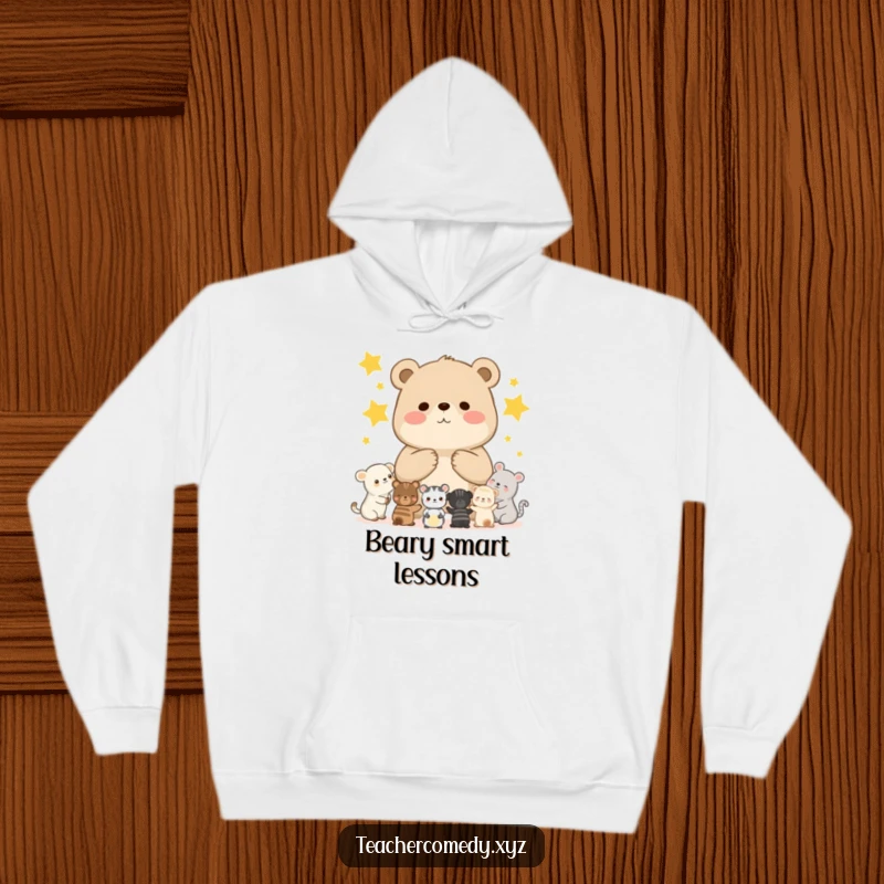 Funny hoodie featuring a chubby bear cub teaching smaller animals to count stars, offering warmth and adorable educational charm.