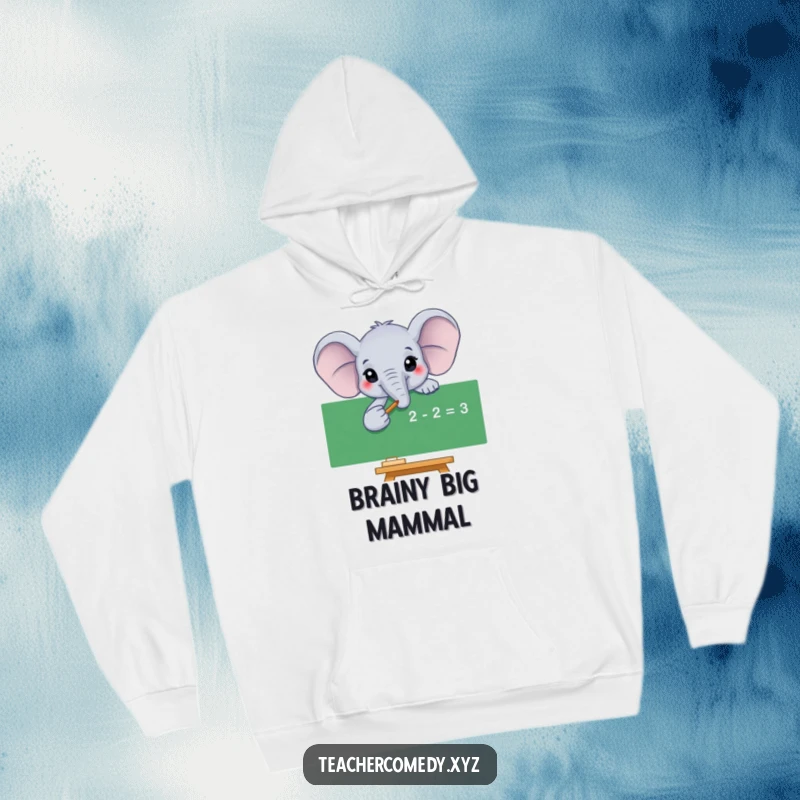 Funny elephant hoodie with a cheerful elephant pointing at a math equation on a blackboard, conveying smart and cozy vibes.