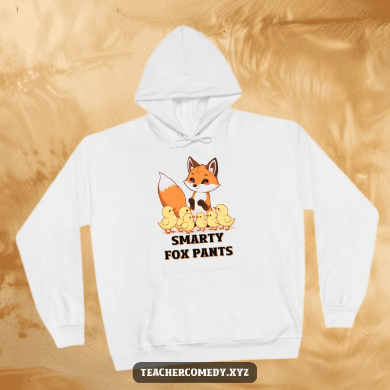 Funny hoodie with a playful fox guiding eager chicks, depicting a cozy and humorous scene of animal education, perfect for warmth.