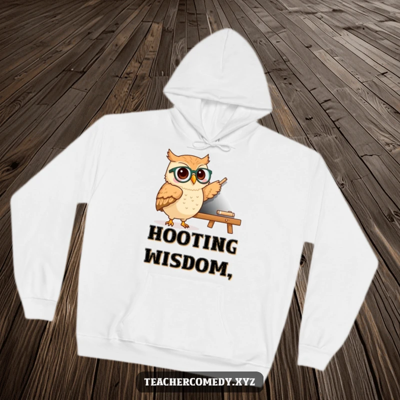 Funny kawaii owl wearing spectacles, pointing to a chalkboard, cozy and humorous hoodie for teachers and students.