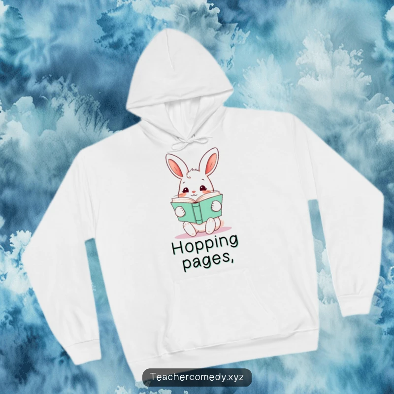 Funny kawaii rabbit holding a stack of open books, cozy and humorous hoodie for readers and book enthusiasts.