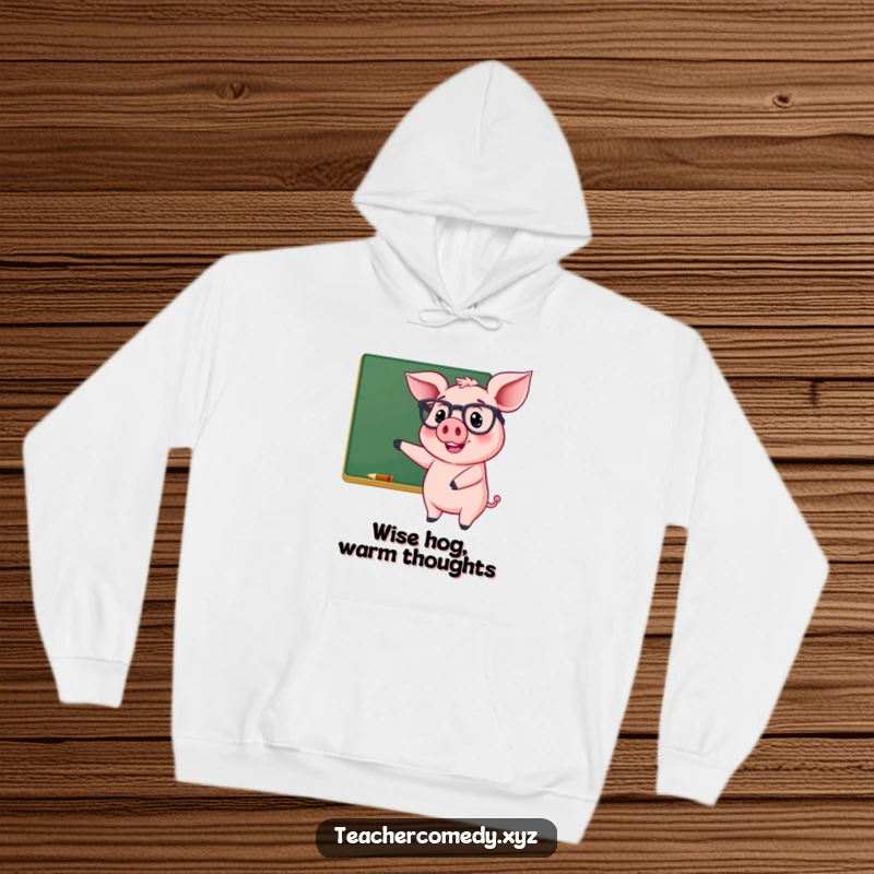 Funny hoodie featuring a cheerful pig wearing glasses, smiling and pointing at a chalkboard, offering smart and cozy style.