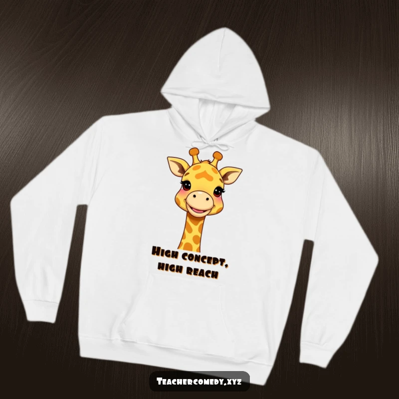 Funny Giraffe Genius Hoodie: A smiling giraffe elegantly uses its long neck to illustrate a large concept, radiating intelligence and warmth.